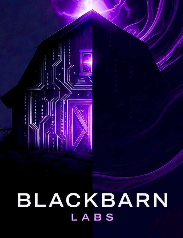 BlackBarn Labs — barn split between timber, circuit traces, and purple lightning